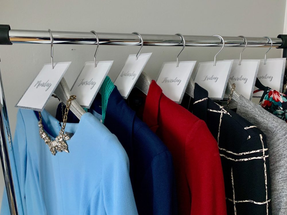 Make morning routines easier by organizing a week's worth of outfits by placing hanging tags on hangers.