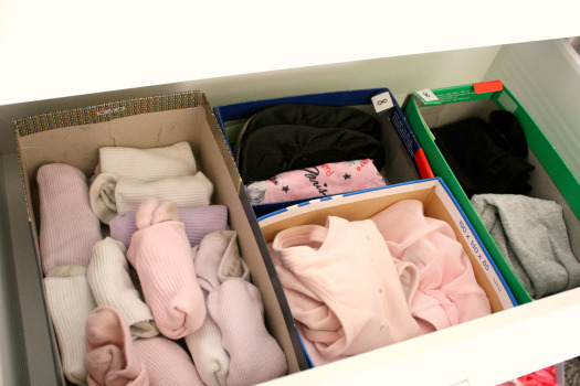 Use shoe boxes to divide and organize sock/panty/pajama drawer