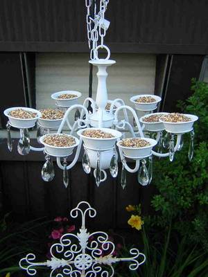 Repurpose an old chandelier as a pretty bird feeder
