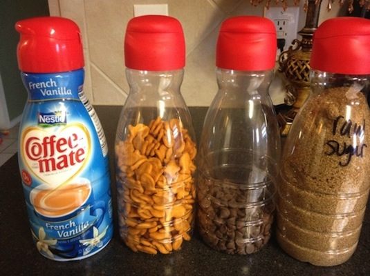 Recycled Creamer Bottles as Pourable Snack Containers