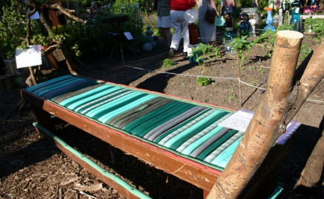 An awesome bench made of garden hoses