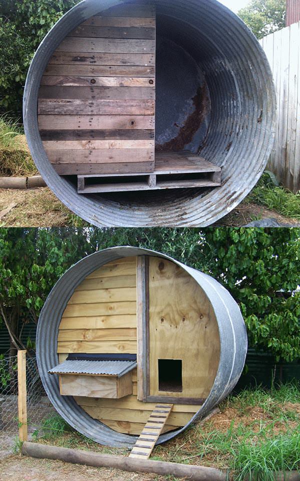 Upcycled Water Tank and Pallets Chicken Coop