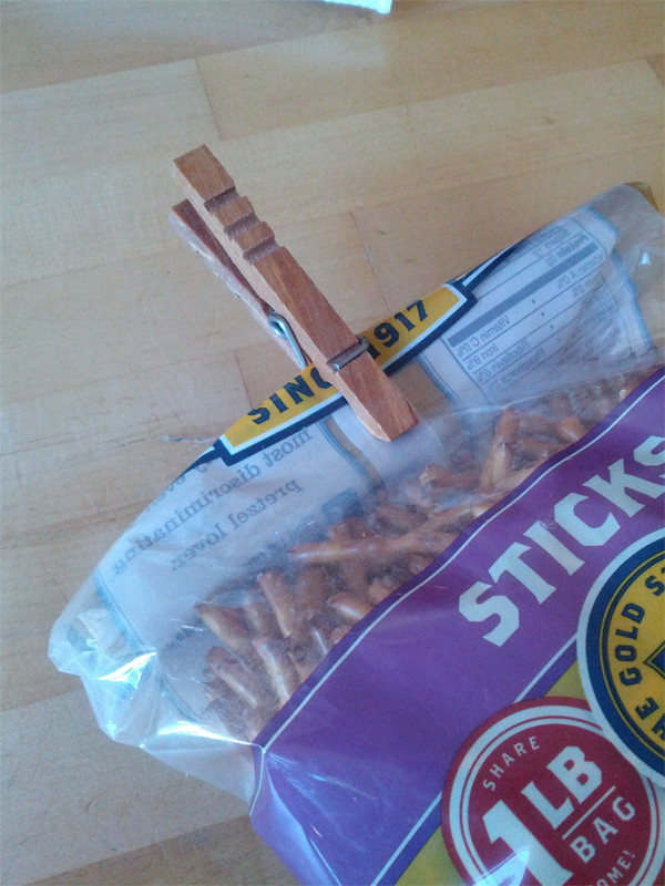 Use a simple clothespin to seal a bag of chips, a cereal bag, or any other non-zippered type of food bag