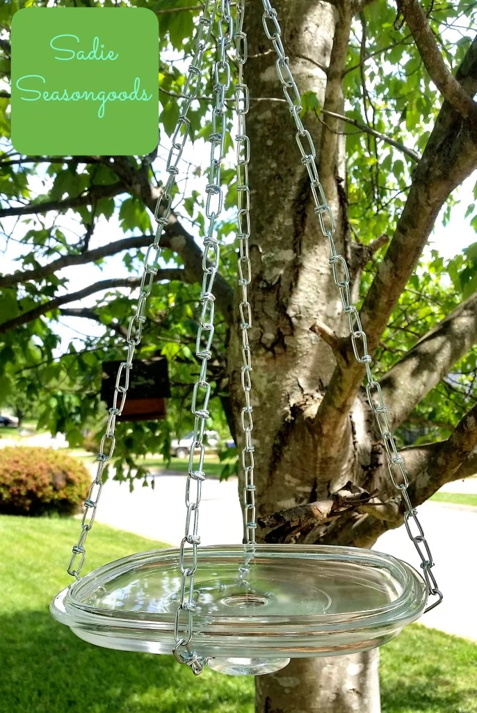 Repurposed Glass Lid Hanging Bird Bath