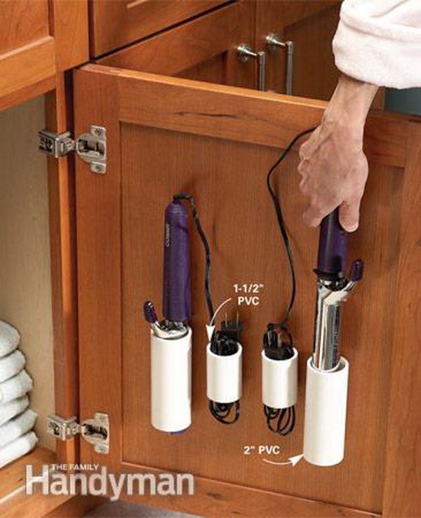 PVC pipe storage for curling irons and cords