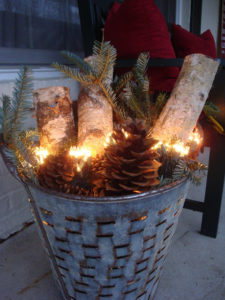 Metal Bucket With Birch Logs And Pine Cones